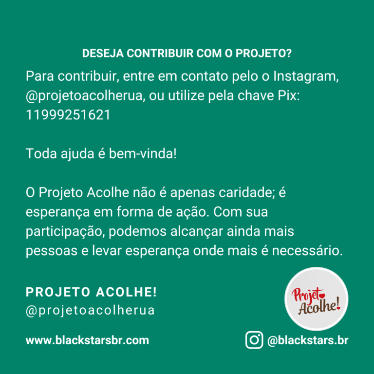 Uma Corrente de Solidariedade O Projeto Acolhe, localizado na Zona Norte de São Paulo-SP e conta com a participação do líder BlackStars Vinicius Matos de Assis @negricius é uma ação entre amigos que busca aliviar o sofrimento das pessoas em situação de rua. Com empatia e solidariedade no coração, eles distribuem lanches, kits de higiene e muito amor. Cada gesto faz uma diferença significativa.